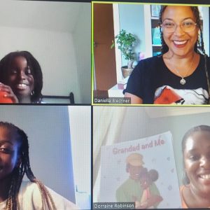 Book Journey Mentor runs an online Storytelling session with young diverse authors. Young authors are smiling and waving on zoom